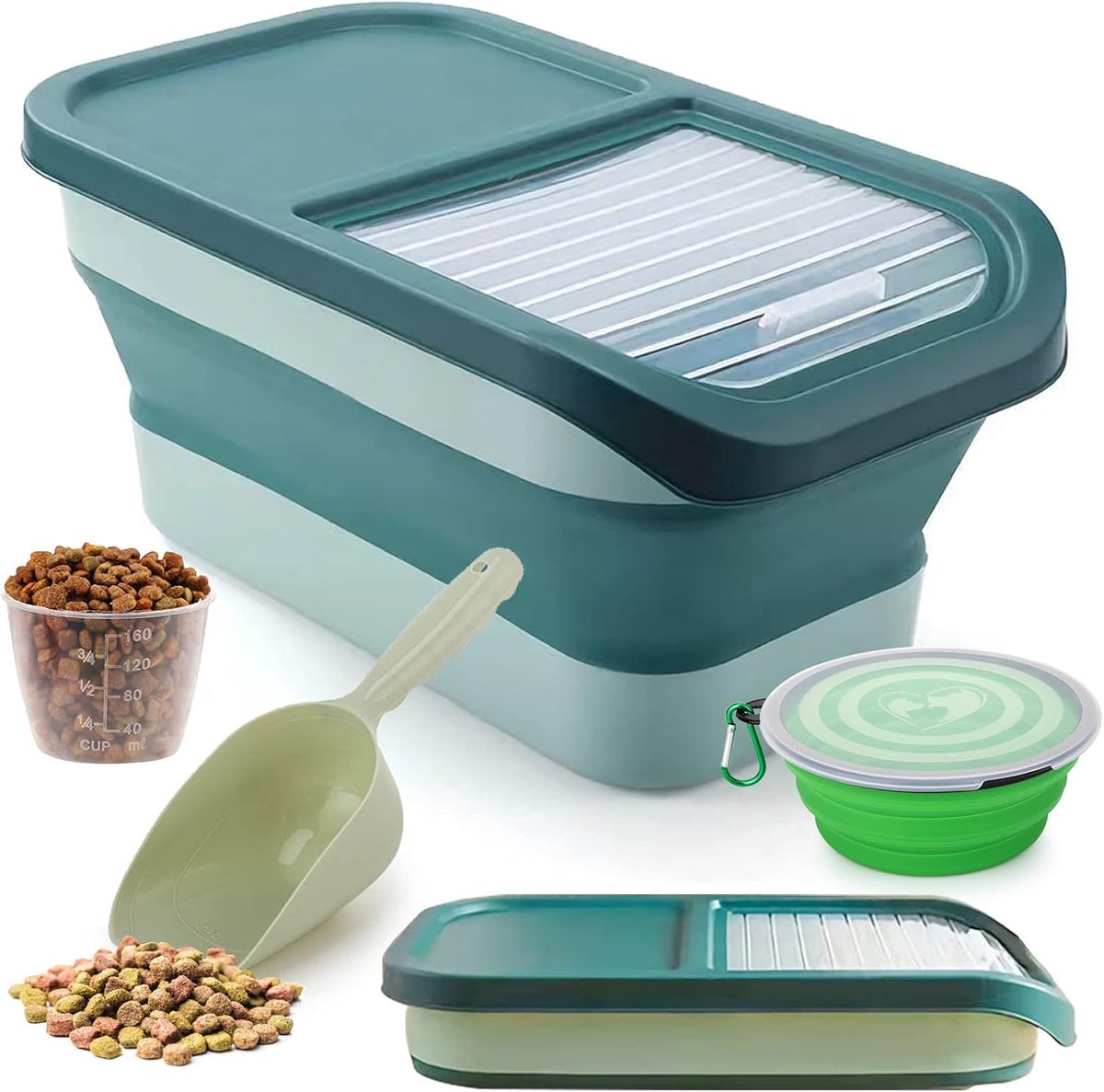 SnelShoppen - Hondenvoeropslag 5kg Voercontainer Opvouwbaar met Deksel Lepel Meetbeker (Groen) - Ideaal voor Thuis, Camping en Reizen