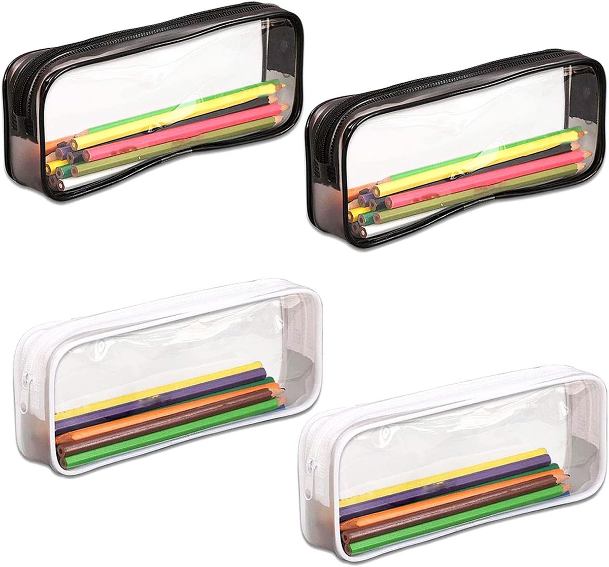 SnelShoppen - 4 Stuks Transparante PVC Rits Etui, Waterdichte Tas voor Kantoorbenodigdheden en Cosmetica (Zwart, Wit)