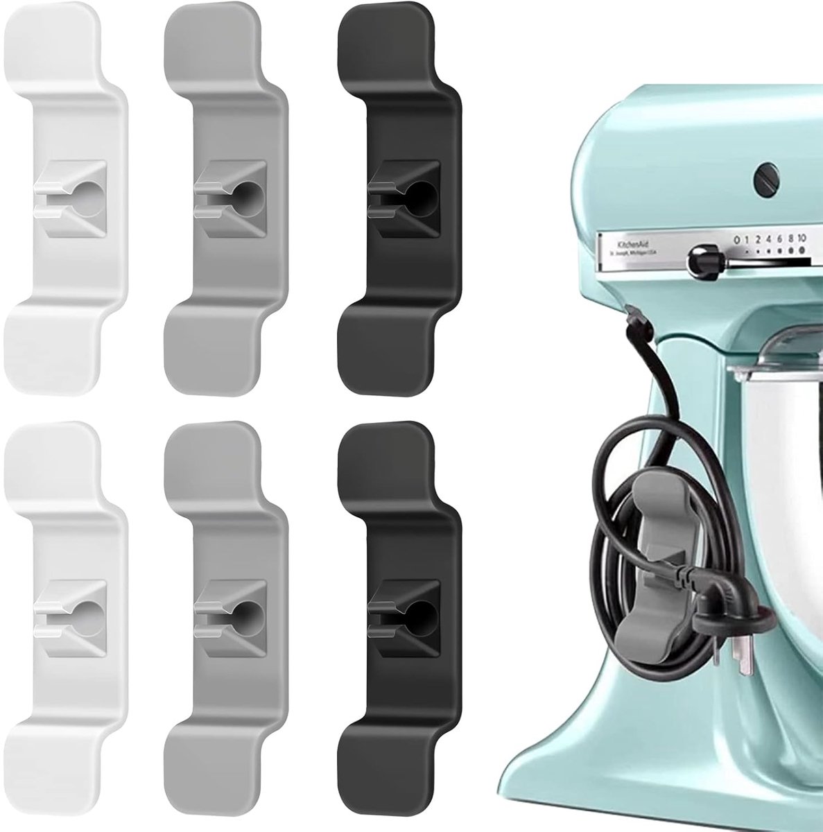 SnelShoppen - Kabel Organizer Zelfklevend voor Keukenapparaten en Koffiezetapparaat, Mixer, Juicer - 6 Stuks - Wit, Zwart, Grijs - 10 x 3 x 1,5 cm - P