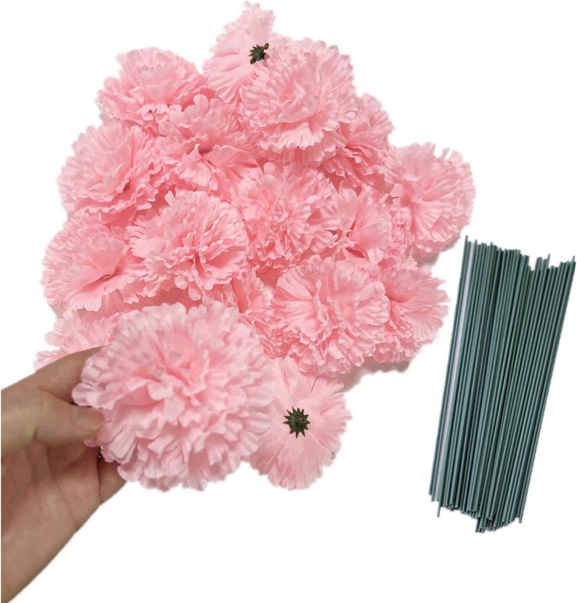 SnelShoppen - 50 Stuks Kunstzijde Anjer Bloemhoofd met Steel Set, Vaasvullers, Bruiloft, Verjaardag, Taartdecoraties, Handgemaakte Polscorsage, 3 Inch