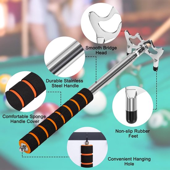 SnelShoppen - Opvouwbare Biljartkeu met 3 Verwijderbare Messing Steunkoppen, Steunhouder, Biljartaccessoires voor Biljarttafel en Snooker Spel van Snelshoppen — afbeelding 4