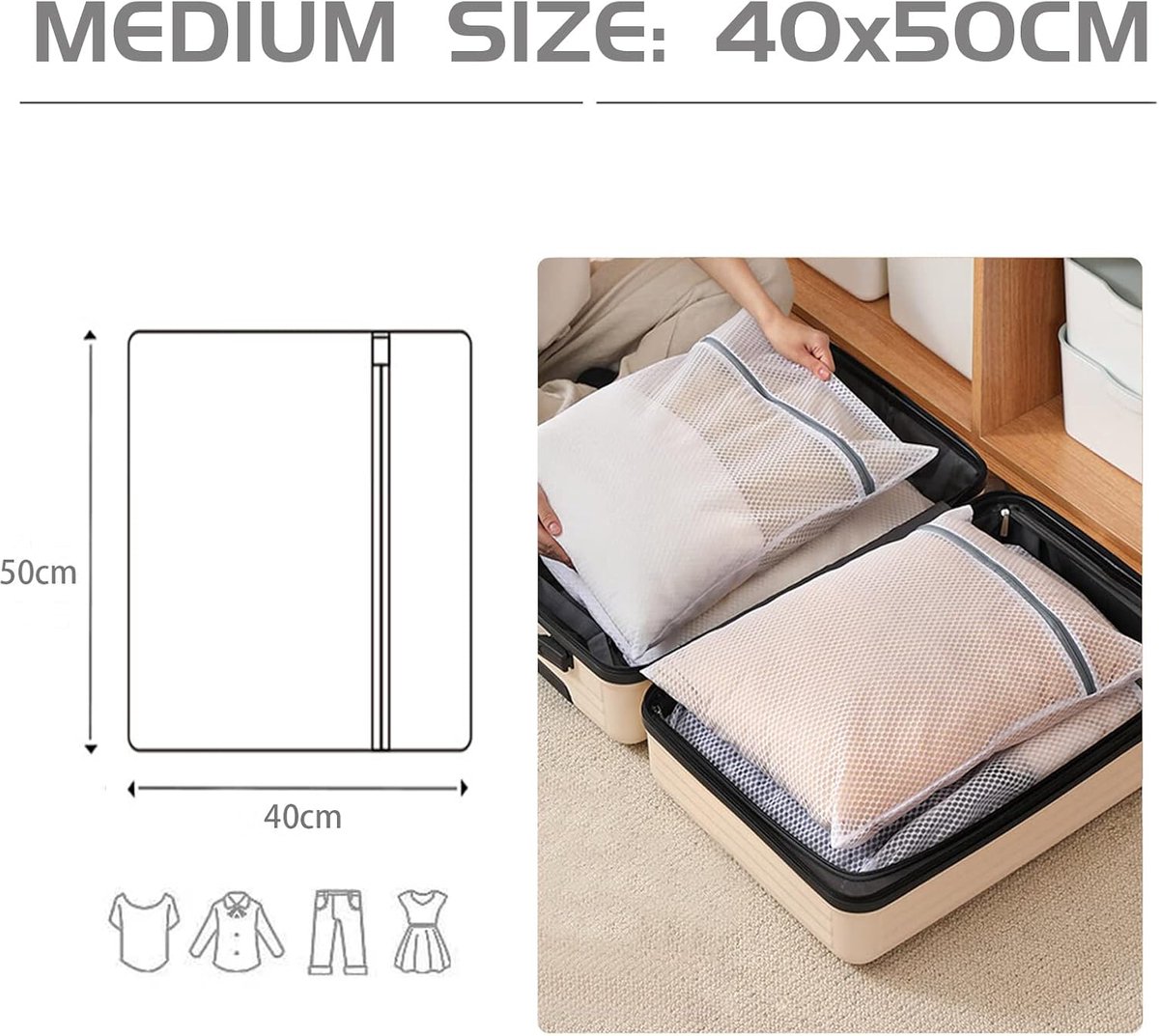SnelShoppen - Set van 2 Wasnetten voor Wasmachine, Duurzame Waszakken met Rits, Reiswasnet voor Delicate Kleding, 40 x 50 cm