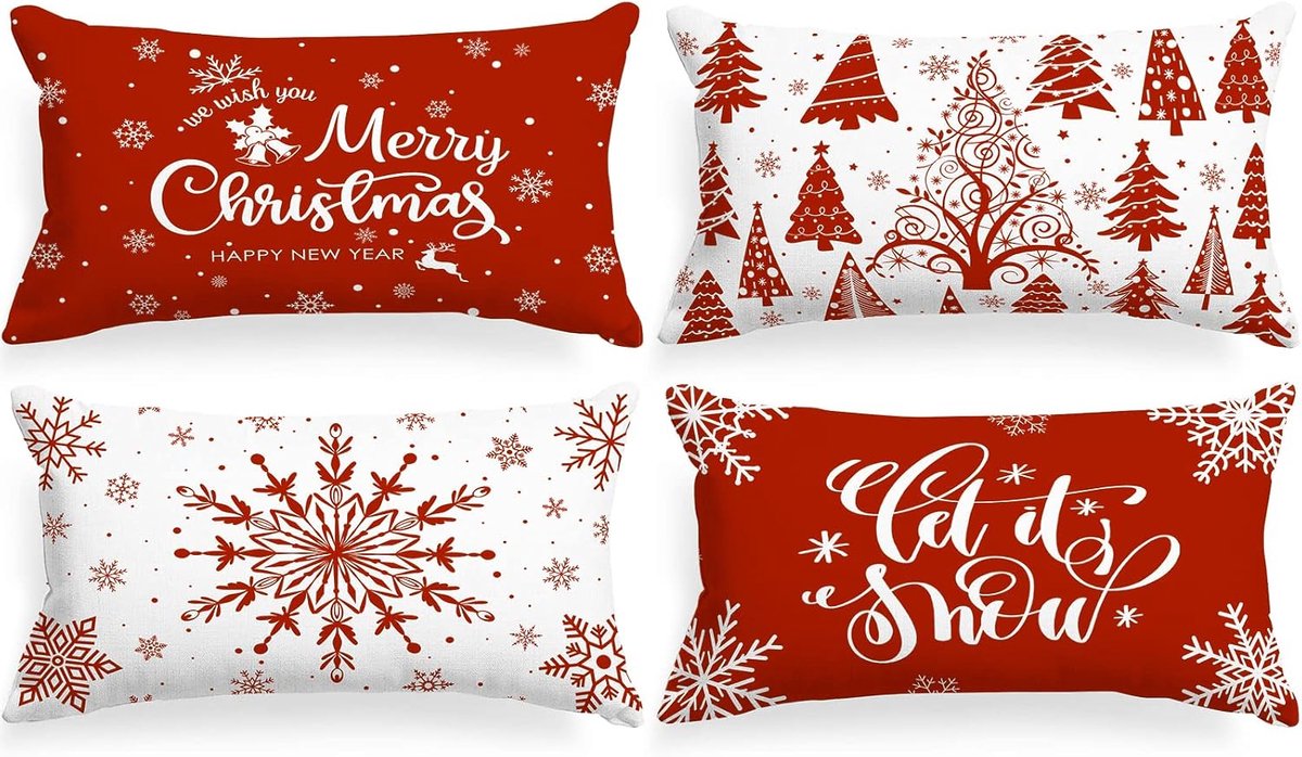 SnelShoppen - Set van 4 Decoratieve Kerst Kussenhoezen 30 x 50 cm met Witte en Rode Sneeuwvlokken van 100% Katoen voor Kerstdecoratie en Gezellige Sfe