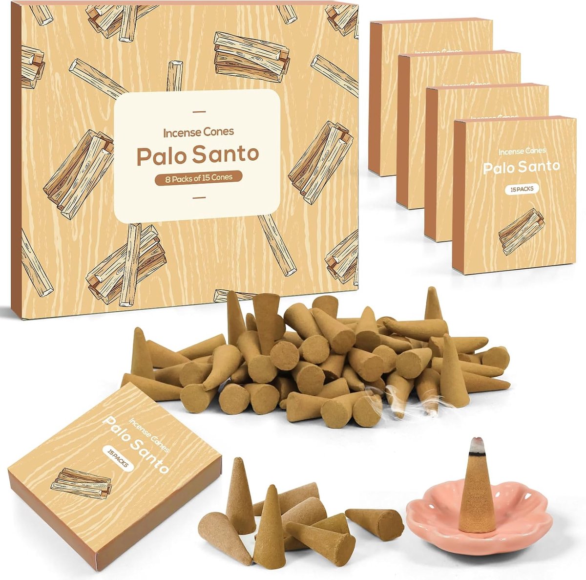 SnelShoppen - 120 Natuurlijk Palo Santo Wierook Conen - Set van 8 Dozen met 15 Conen voor Yoga, Meditatie, Ontspanning en Natuurlijke Gezondheid
