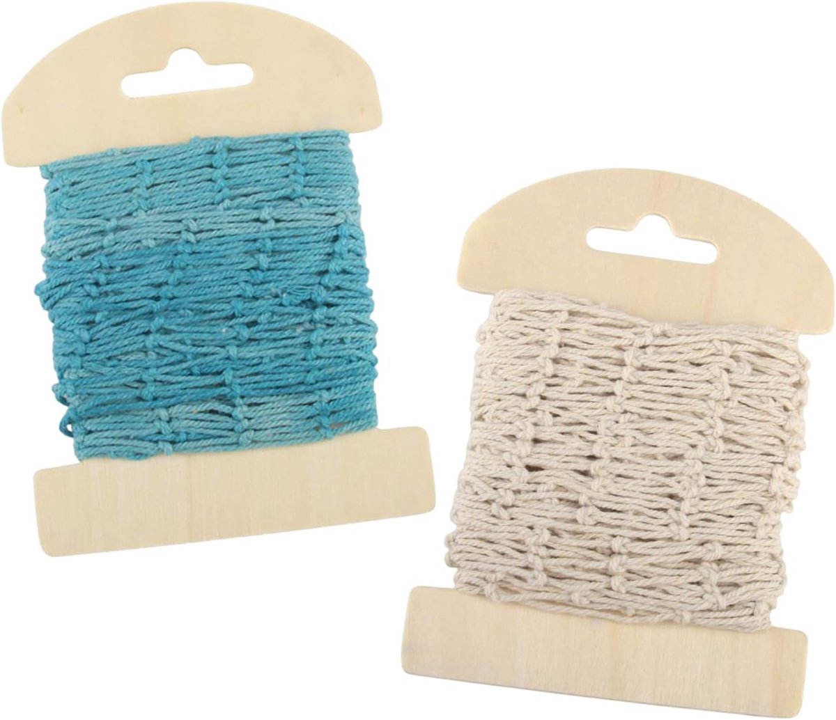 SnelShoppen - Visnet Decoratie 2 Stuks 100 x 13 cm Beige Blauw Nautisch Vissen Net Wanddecoratie voor Thuis Decoratie Feest Bruiloft Fotografie Achter