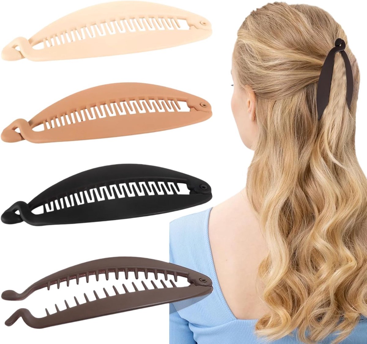 SnelShoppen - Banana Clip Set van 4 Polycarbonaat Haarclips voor Dikke en Dunne Haren, Ideaal voor Vrouwen, Dagelijks Gebruik, Werk, Buiten, Styling