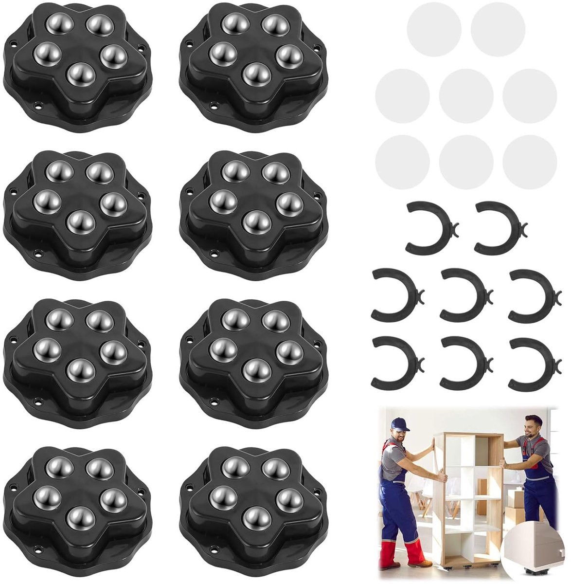 SnelShoppen - Set van 8 Vlakke Meubelwielen, Mini Balwielen, Zelfklevend, 360° Draaibaar, Bal met 8 Stalen Ballen en 8 Remmen voor Meubels, Opslagdoze