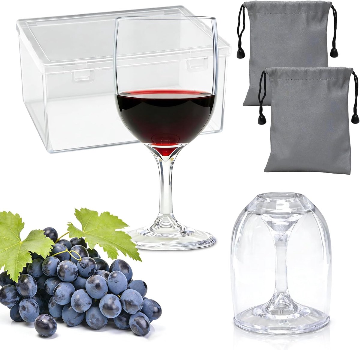 SnelShoppen - 2 Stuks Camping Wijnglazen 200ml - Robuuste Plastic Wijnglazen met Waterdichte Tas en Opbergdoos - Perfect voor Feest, Kamperen, Picknic