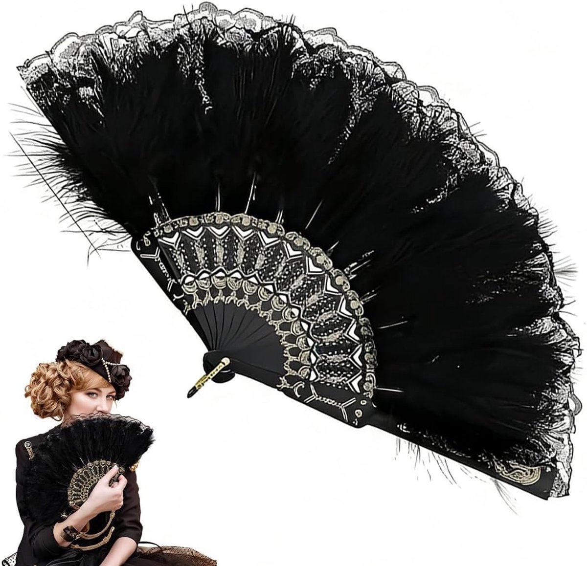 1920s Feather Fan Lace Elegant Foldable Black Vintage Women's Large Fan Bridal Fan Wedding Dance Party 1 Piece - ShopVlot