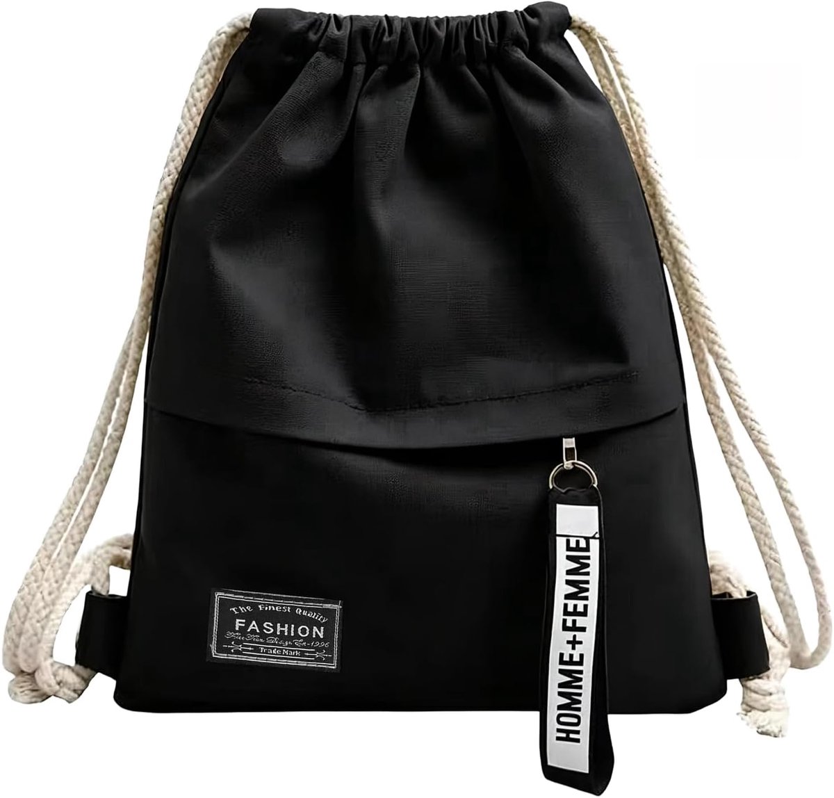 SnelShoppen - Zwarte rugzak met trekkoord, multifunctionele canvas tas voor sport, gym, reizen, festivals, lichtgewicht en opvouwbaar voor dames en he