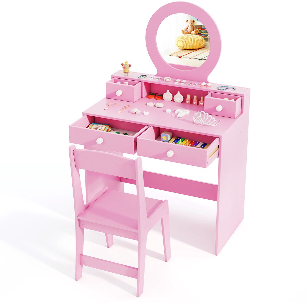 COSTWAY 2-in-1 Kinderschminktafel Set, Kinderschminktafel met Spiegel, Open Plank & 4 Laden, Prinsessenkaptafel met Kruk, Make-uptafel voor Meisjes vanaf 3 Jaar (Met 4 Laden, Roze)
