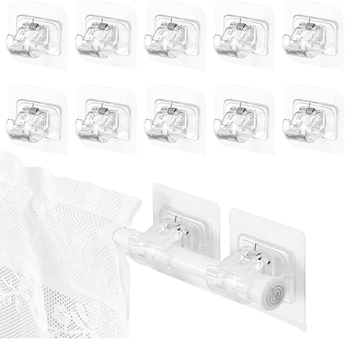 SnelShoppen - Pack van 10 Zelfklevende Gordijnroede Beugels Zonder Boren, Sterke Zelfklevende Installatie voor Thuis, Badkamer, Keuken, Hotel, Transpa