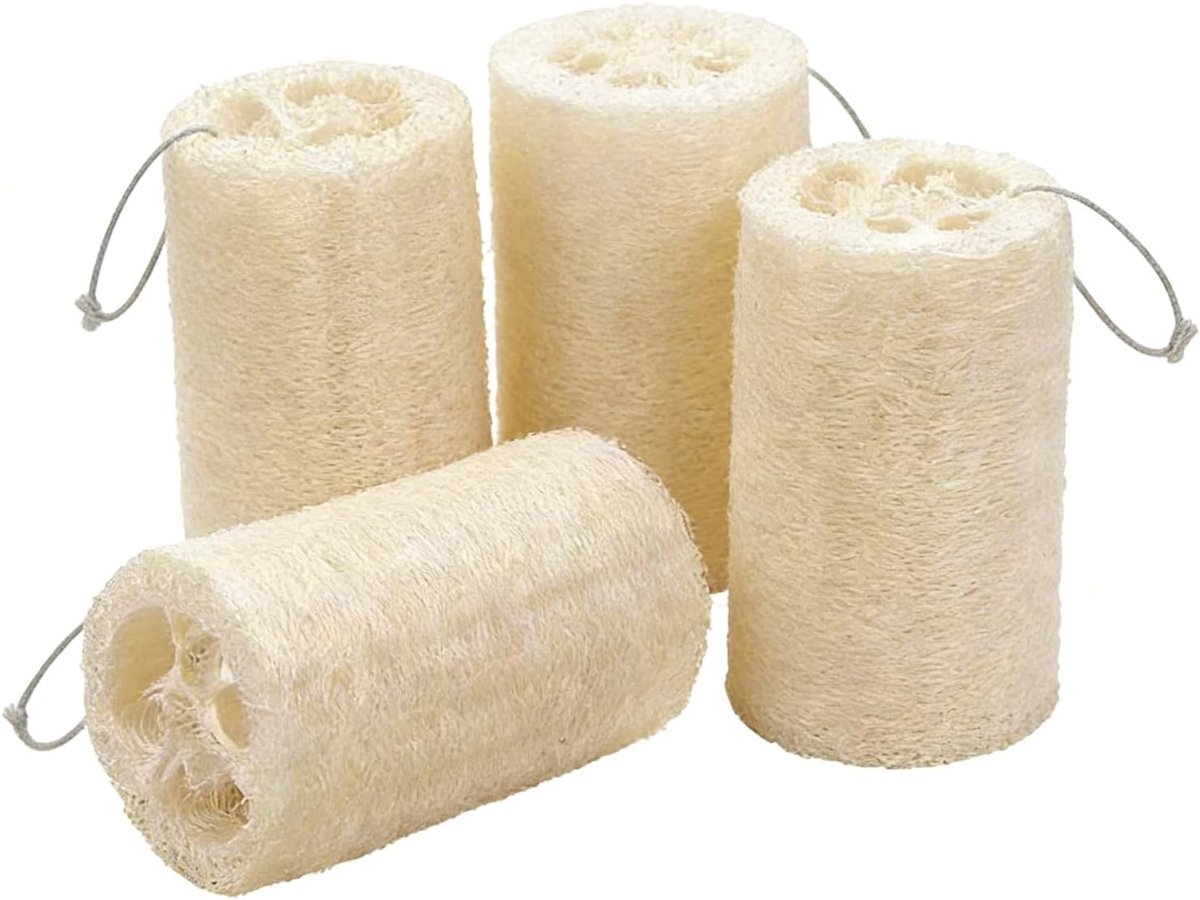 SnelShoppen - 4 stuks luffa-spons, 10 cm natuurlijke spons, geurvrij, voor lichaamsverzorging en keuken, scrubber voor badkamer en luffazeep