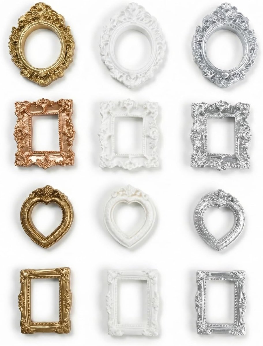 12 stuks mini-retro fotolijsten, goudkleurig/zilver-wit, van hars, kleine lijst voor doe-het-zelf mini-museum foto - ShopVlot
