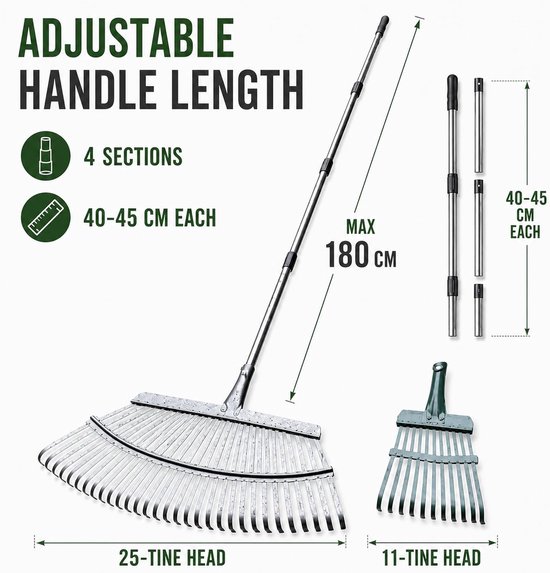 SnelShoppen - Hark Tuin 25+11 Tanden Bladhark met Metalen Steel, 4-delige Verstelbare Handgreep 40-45 cm, Heavy-Duty Tuinhark voor Bladeren, Gazon en van Snelshoppen — afbeelding 2