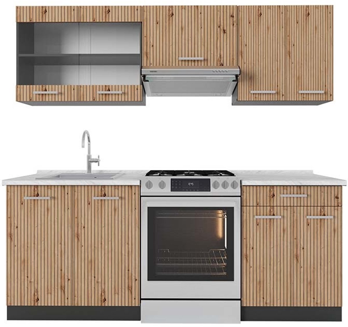 Vicco R-Line Complete keukeneenheid – 200 cm, AP Marmer Artisanaal eiken/antraciet