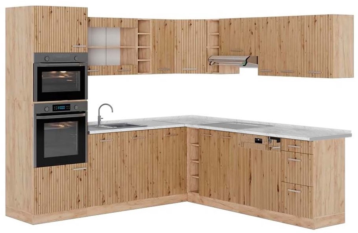 Vicco Hoekkeuken R-Line, Artisanaal eiken/Goudkleurig Eiken, 247 x 237 cm, WB Marmer