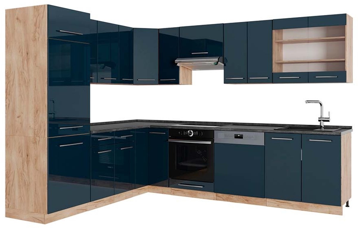 Vicco Hoekkeuken Fame-Line, Donkerblauw hoogglans/Goudkleurig Eiken, 287 x 227 cm, WB Antraciet