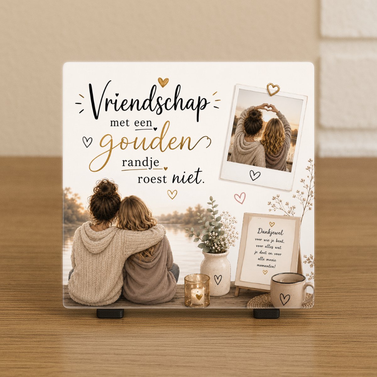 Wenstegeltje “Vriendschap met een gouden randje roest niet!” Rustig design – Cadeau tegeltje – Trendy nu – Vriend(in) – Collega – Vriendschap – Zomaar – Cadeau – Incl standaard