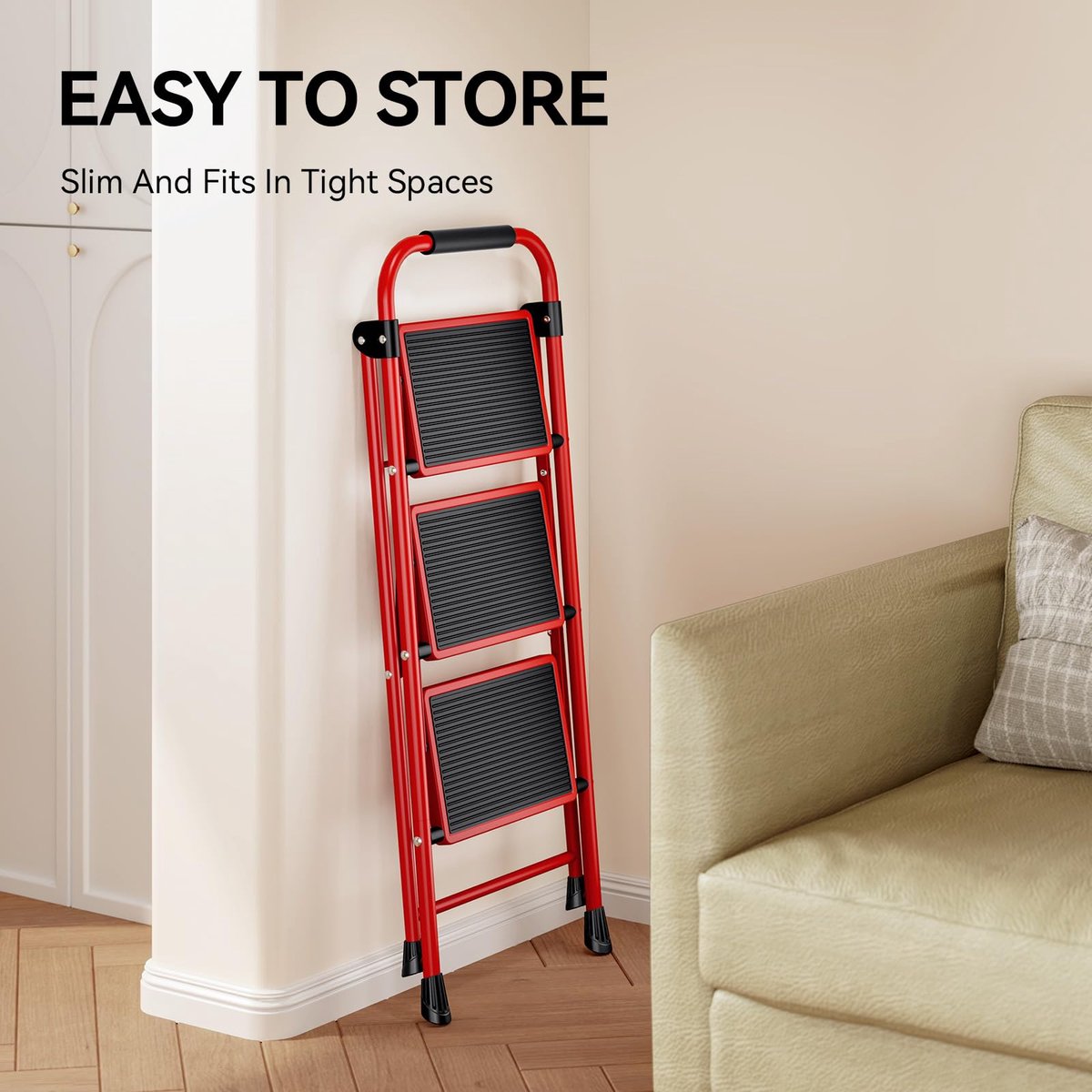 SnelShoppen - Trapladder 3 Treden met Leuning, Draagbare Vouwladder met Antislip Voeten, Inklapbare Huishoudtrap voor Keuken en Kantoor, Rood