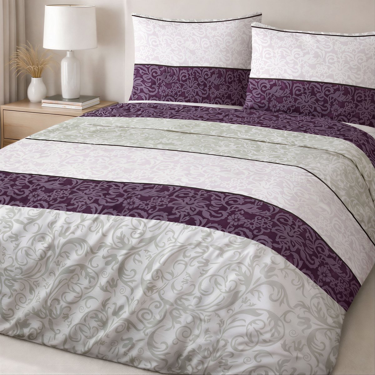 Luxe Katoenen Dekbedovertrekset Cottonlove – 220x200 cm – Paars-Lila Botanisch Motief – 100% Katoen – Darymex