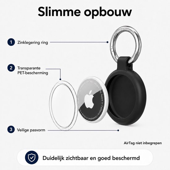 Zwarte AirTag beschermhoes met zilverkleurige ring, transparante PET-bescherming.
