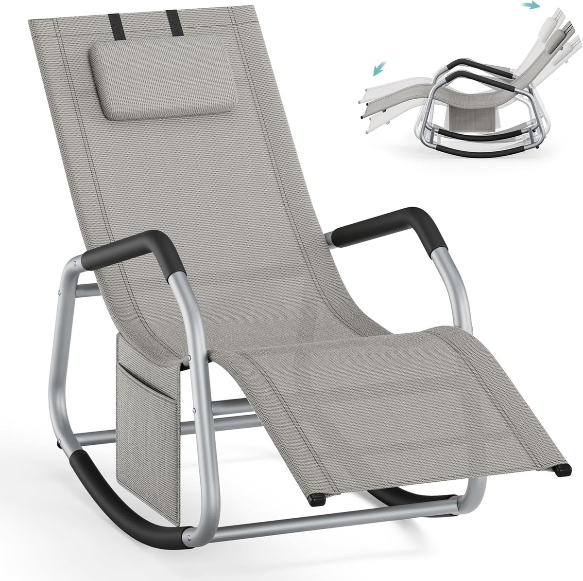 SONGMICS Schommelstoel met verstelbare rugleuning, anti-kantelstop, verstelbare hoofdsteun, stalen frame, ademend zijvak, tuin, 151 x 56,2 x 97,3 cm, duifgrijs GCB230G01