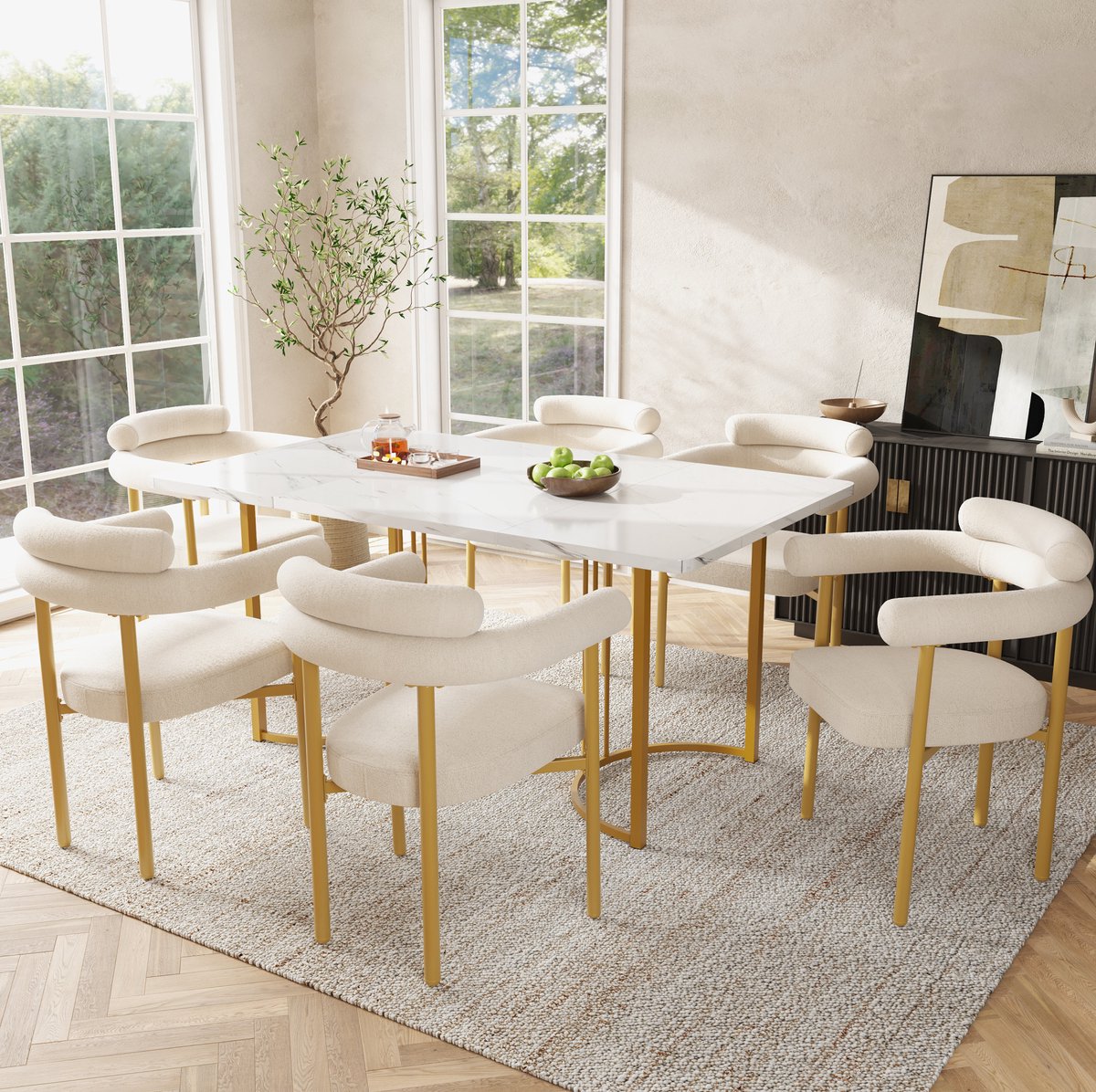 COVREO Eetkamerstoel set van 6 beige, metalen poten met armleuning