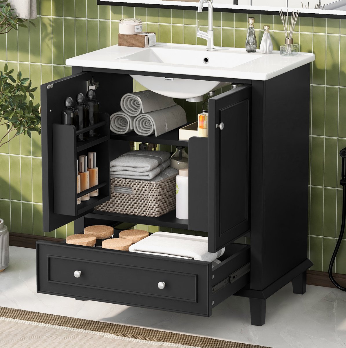 COVREO Badkamerkast 76x46x87 cm, zwart, MDF en keramiek, met opbergruimte