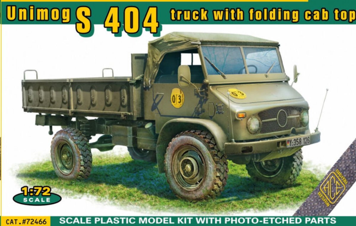 ACE Modelbouwpakket Militaire voertuigen - 72466 Unimog S 404 Pick-up met Opvouwbare Cabinekap - Duitse Militaire Vrachtwagen Plastic - 1:72 - Modelbouw