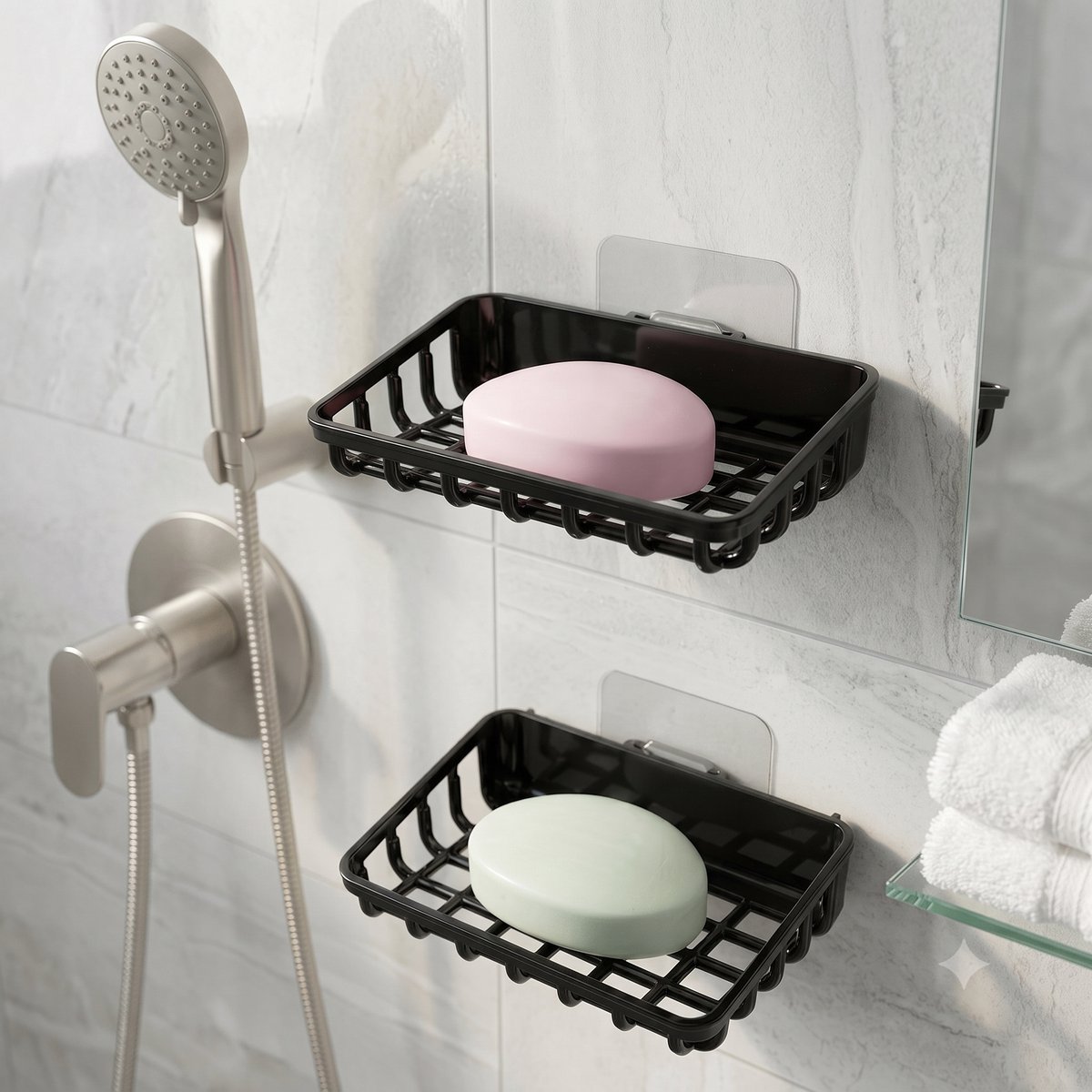 INDECOR 2-delige Zelfklevende Zeephouder – Zeepbakje Zonder Boren – Wand Zeeprek voor Badkamer & Keuken – Sponshouder – ABS Kunststof – Zwart