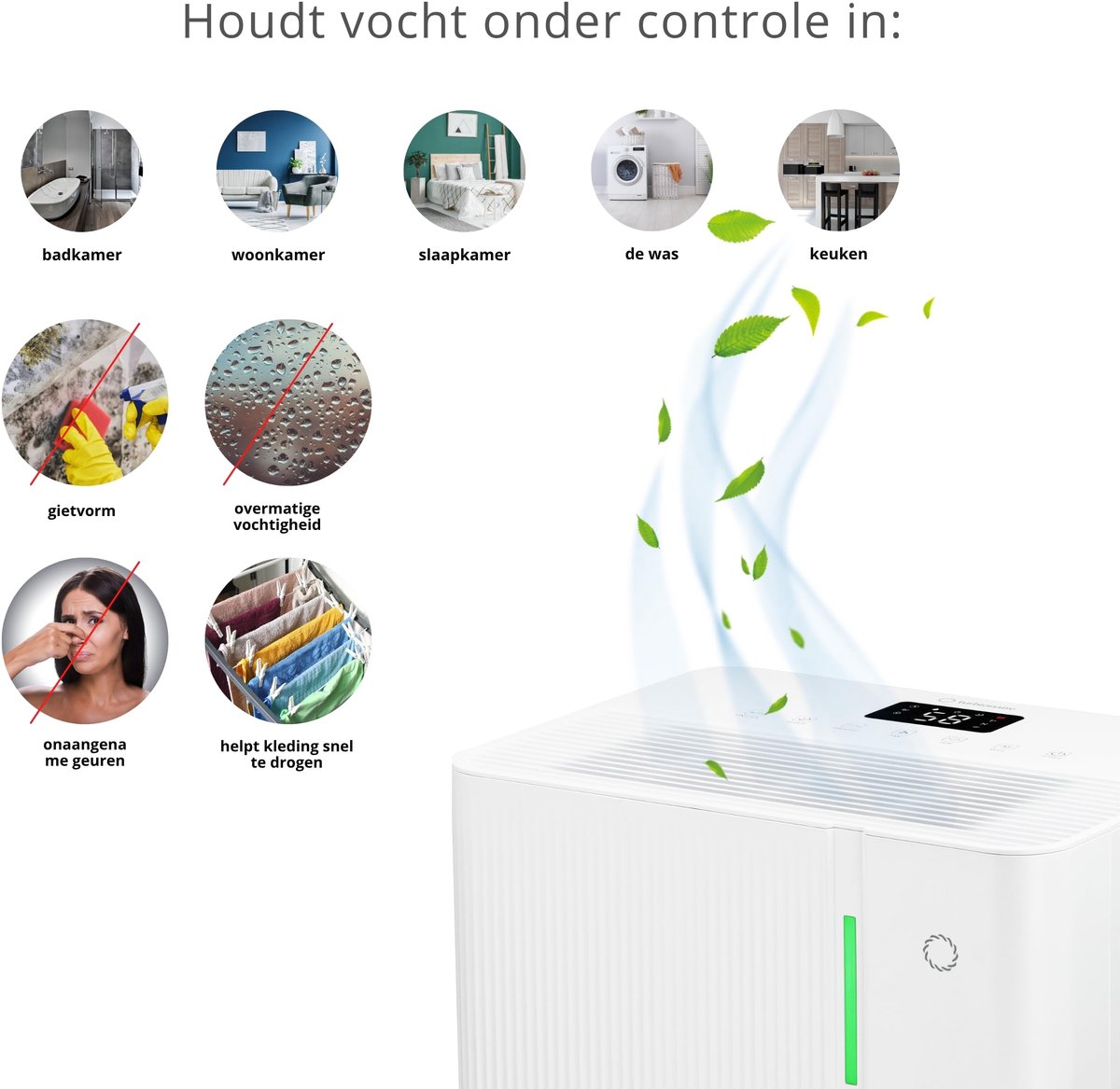 SnelShoppen - Luchtontvochtiger 40L/24u met WIFI, Ionisatie, Laag Energieverbruik, 5,3L Waterreservoir, Digitale Touchbediening, LED Vochtigheidsindic