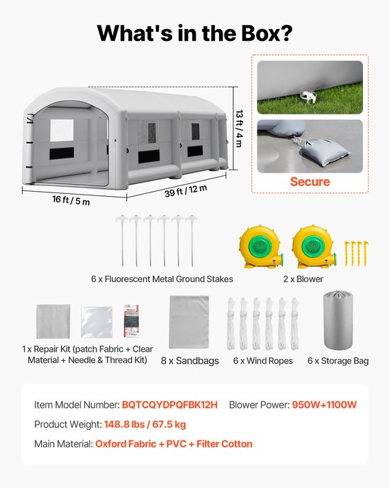 VEVOR Opblaasbare Spuitcabine 12x5x4 m Spuitcabine Verftent Grijs, met 950W & 1100W Blowers, Actieve Koolstoffiltratie, Kleedruimte, PVC Ramen voor Zware Pick-ups & Bestelwagens, Draagbaar van Vevor — afbeelding 3