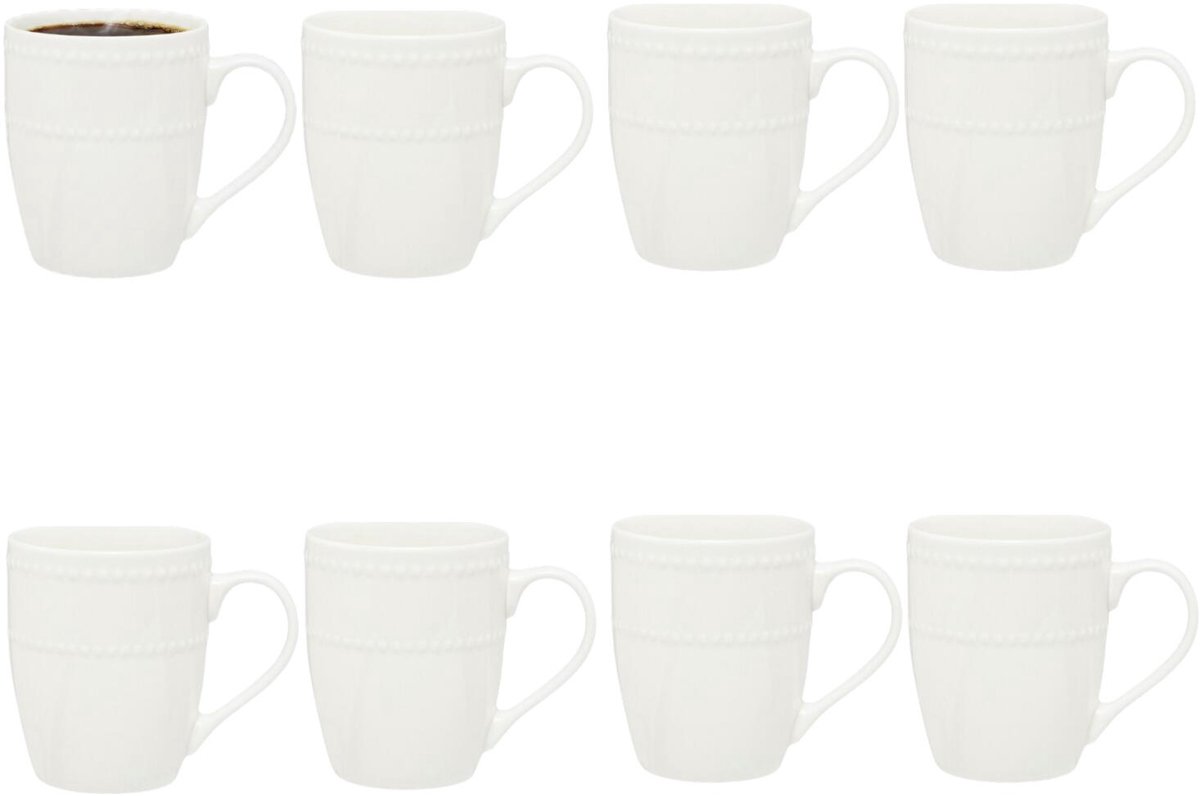 Secret de Gourmet koffie kopjes - Ivory - 8x stuks - wit - 350 ml - mokken - porselein - met stijlvol decoratie motief