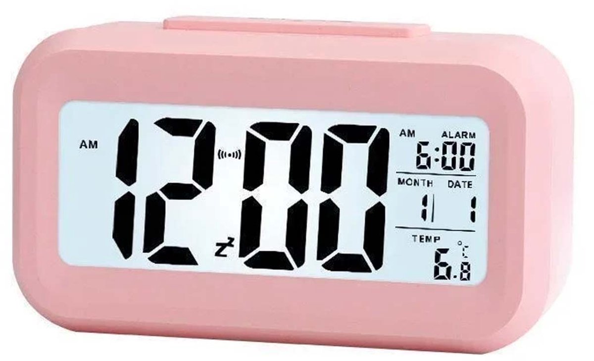 Digitale LCD-Wekker Met Kalender Thermometer - Digitale Wekker - LED-Display, Draagbare Snooze-Kalender, Met Op Batterijen Werkende Wekker (Roze)