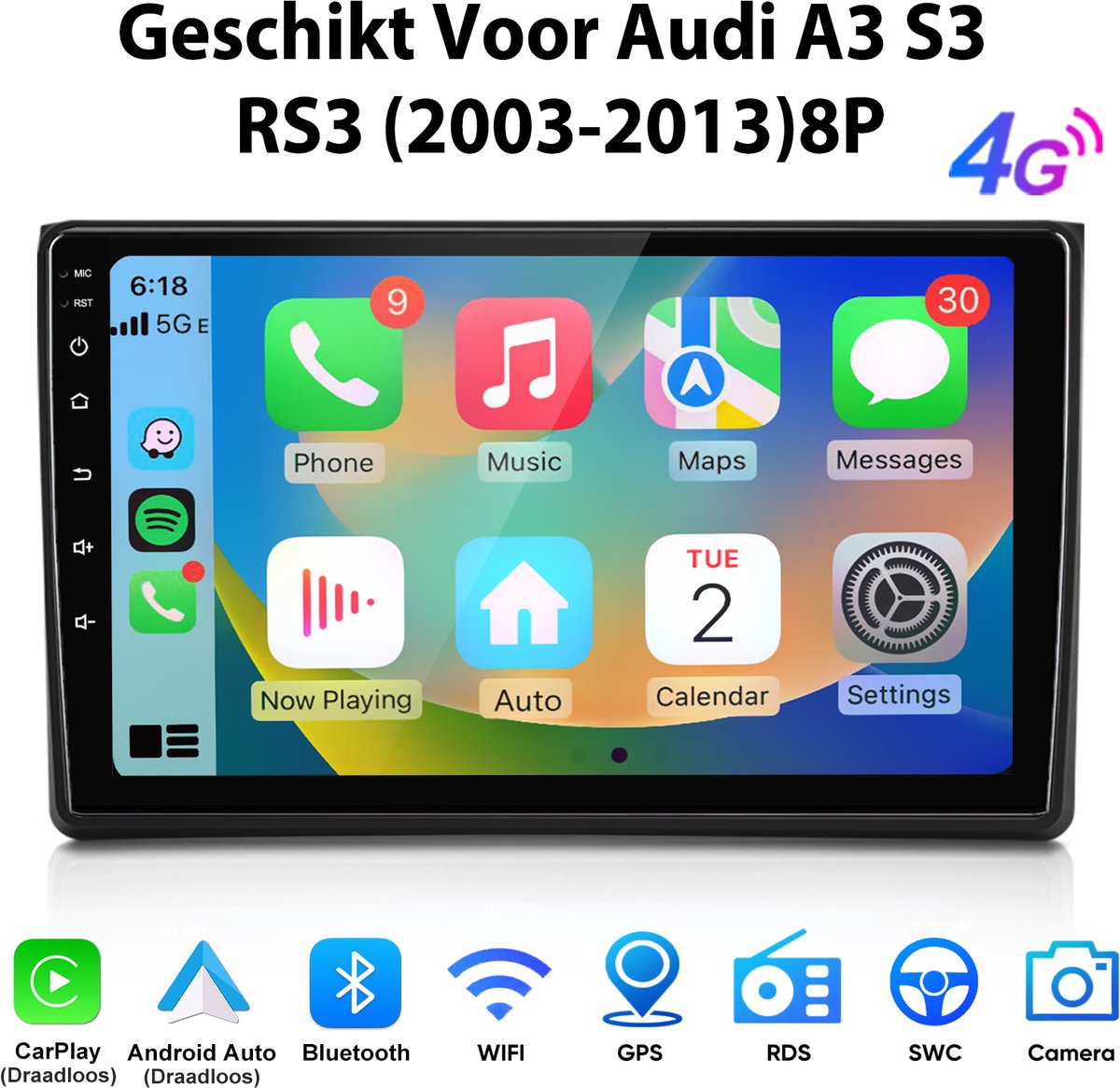 Junsun Android 15 Autoradio Geschikt Voor Audi A3 S3 RS3 (2003-2013)8P - 6GB+128GB - Achteruitrijcamera - Draadloze CarPlay & Android Auto - GPS-Navigatie - Bluetooth - 9 Inch TouchScreen - WIFI & 4G - SWC - RDS - USB