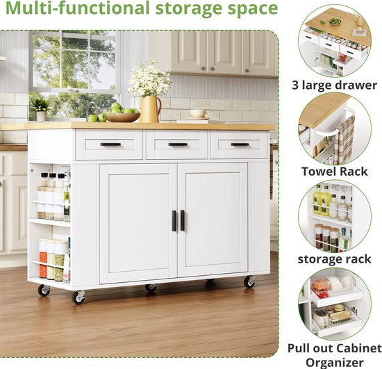 FloraGrace Buitenkeuken - Mobiele Keukeneiland Met Klapbaar Werkblad En Stopcontact - Opbergruimte Op Wielen - MDF - 120x70x84 Cm - Naturel Wit — afbeelding 5
