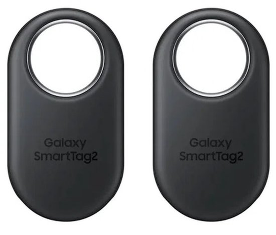 Twee zwarte Samsung Galaxy SmartTag2 trackers met een zilverkleurig gat aan de bovenkant.