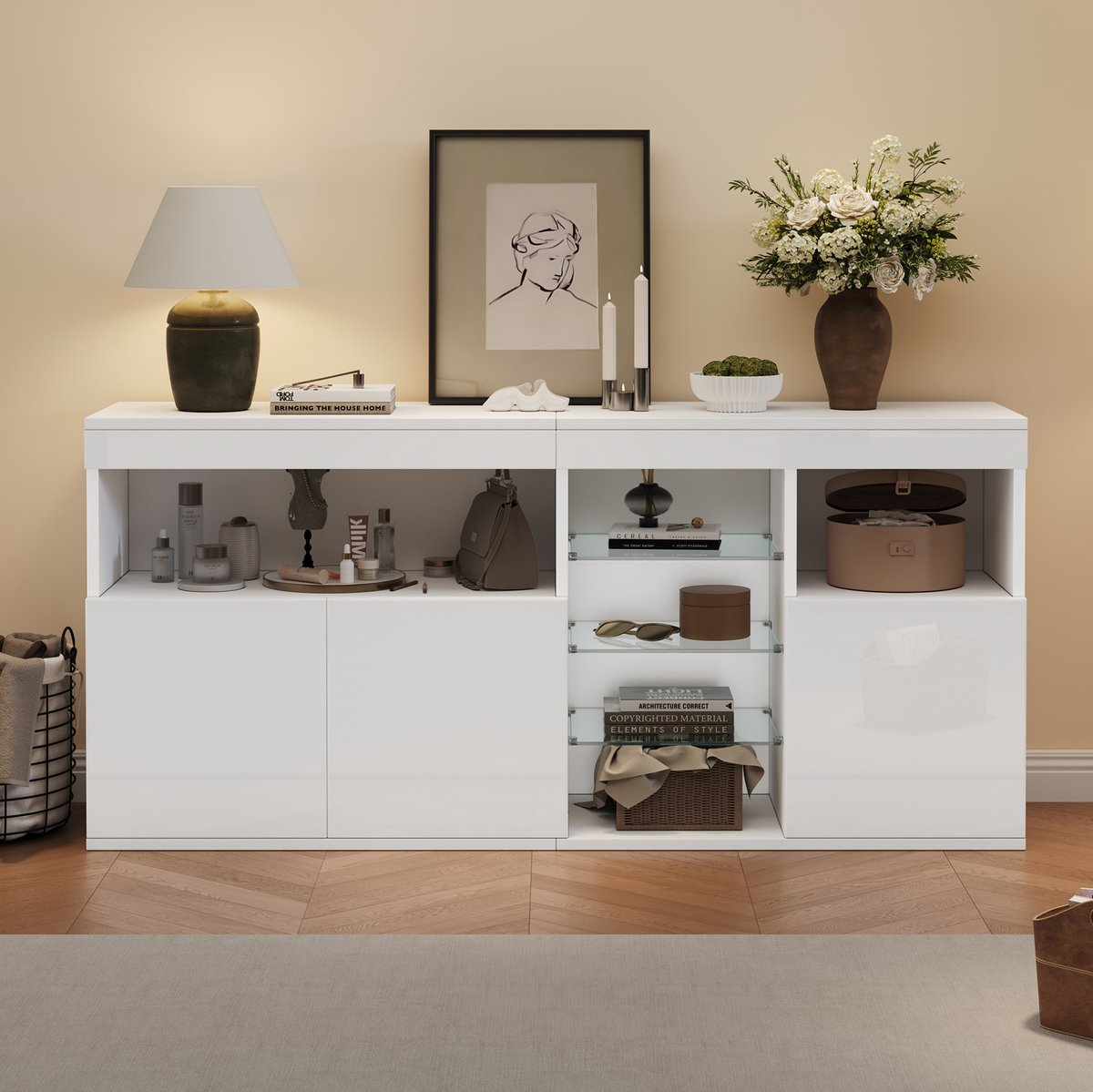 FloraGrace Dressoir Met Hoogglans En Ledverlichting - Woonkamerkast Met Glasplanken - Wit - 155,5 X 35 X 72 Cm