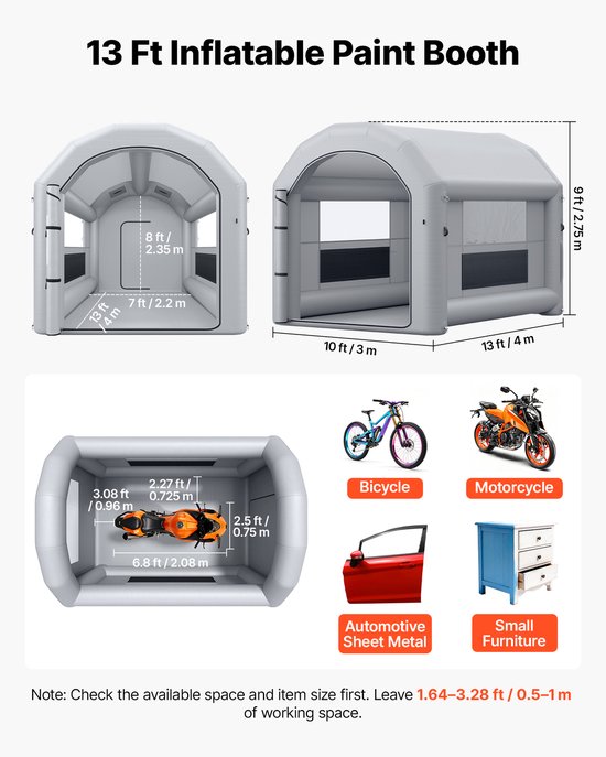 VEVOR Opblaasbare Spuitcabine 4x3x2,75 m Spuitcabine Verftent Grijs, met 750W Ventilator & Actieve Koolstoffiltratie, PVC Ramen, Gebogen Dak voor Fietsen, Motoren & Meubels, Draagbaar — afbeelding 4
