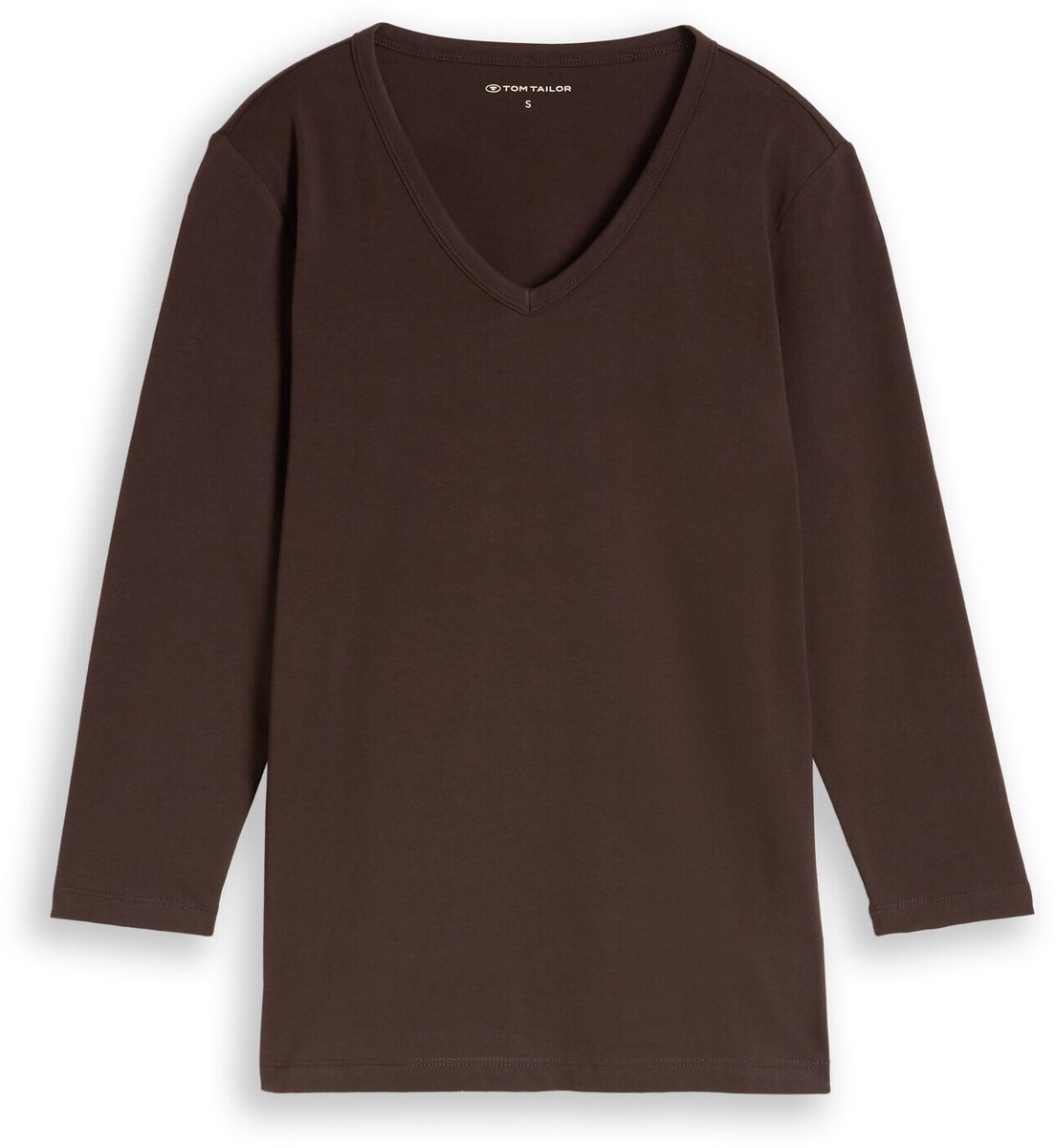 Tom Tailor - Basic T-shirt met lange mouwen en V-hals - Maat L - java dark brown