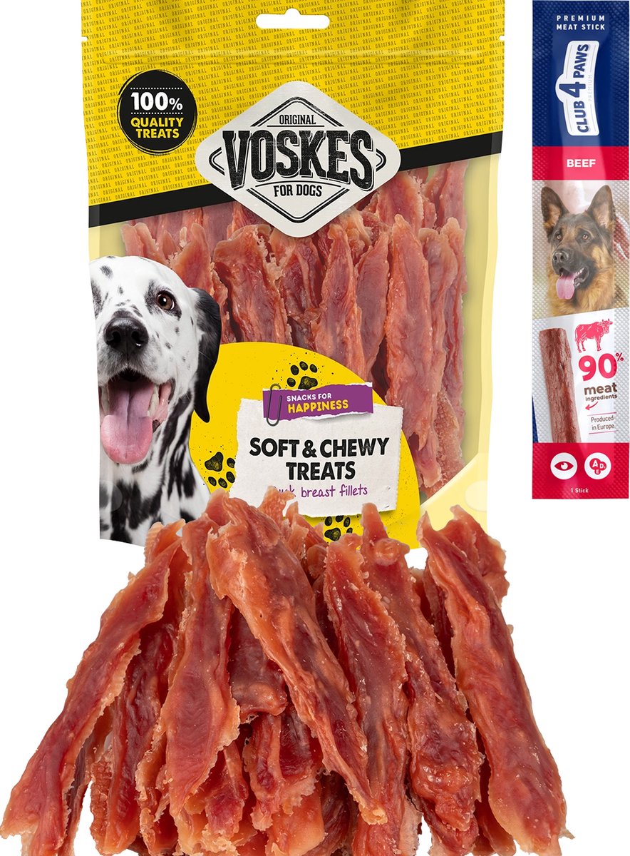 Voskes soft and chewy treats eendenborstfilets 2 x 400 gram met gratis Club 4 Paws hondensnack