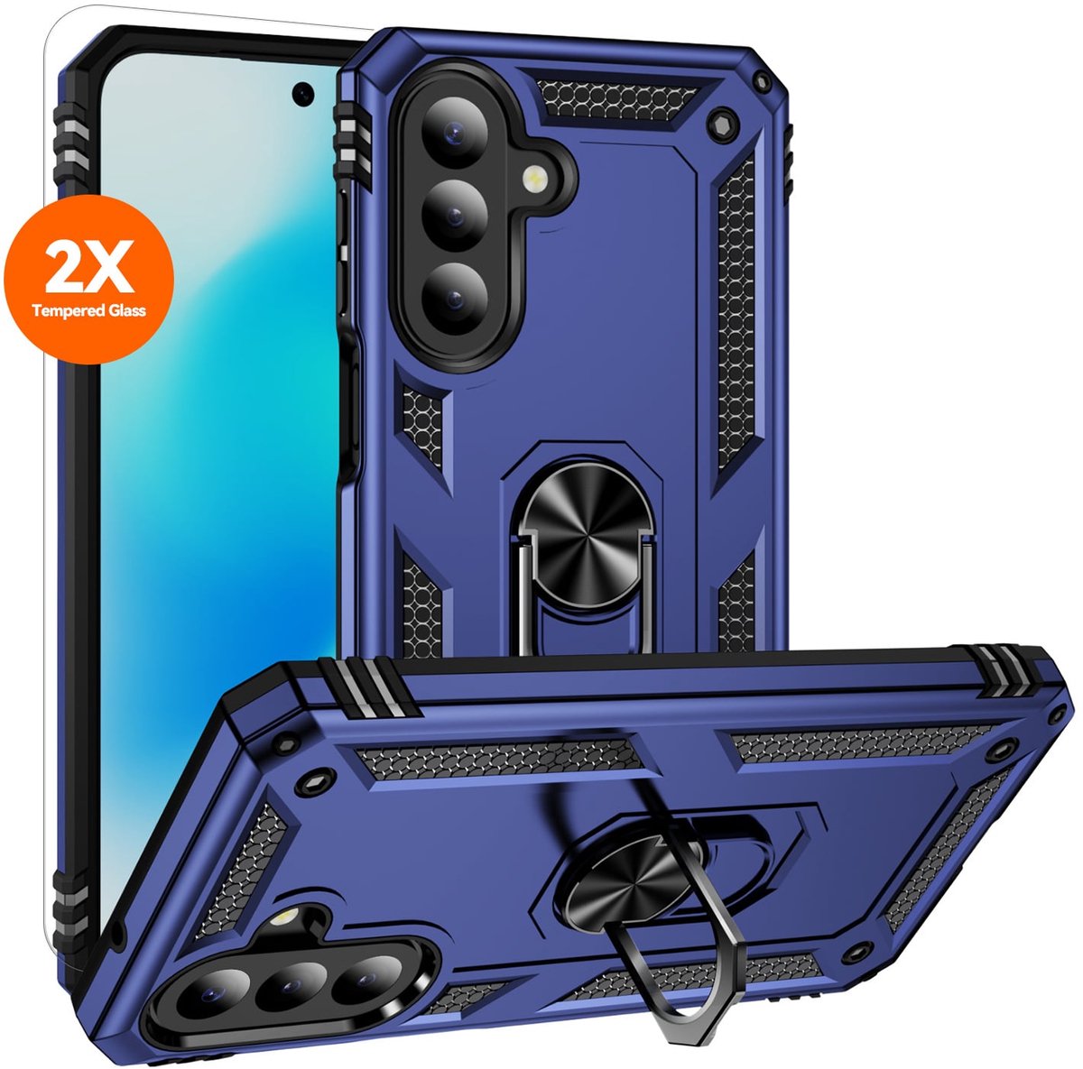 Hoesje Geschikt voor Samsung Galaxy A27 Hoesje – Blauw Hybride Armor Anti-Shock Hoes met Draaibare Ringhouder – Inclusief 2x Screenprotector