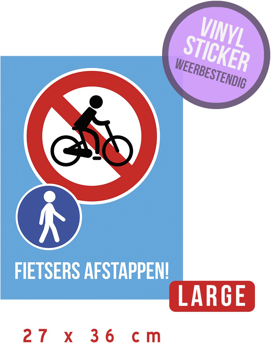 Pictogram/ vinyl sticker LARGE | "Fietsers afstappen" | 27 x 36 cm | Weerbestendig | Watervast | Voetgangers | Naast je fiets | Stapvoets | Veiligheid | Blauw | Zelfklevend | 1 stuk