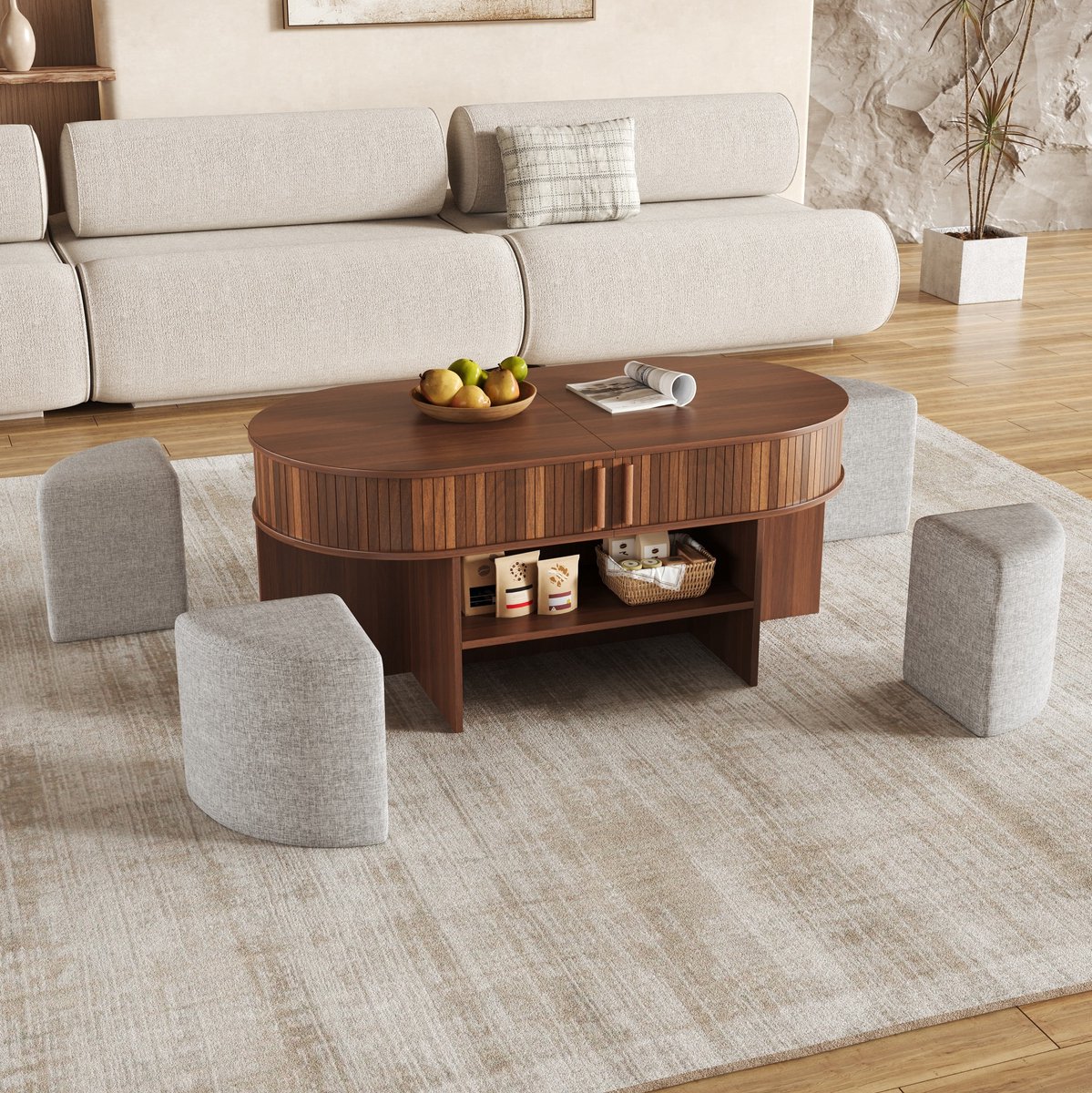 FloraGrace Salontafel - Ovale Opbergtafel Met Schuifdeuren En Stoffen Hockers - Voor Woonkamer - MDF En Spaanplaat - 120x60x51,5 Cm - Walnootkleur