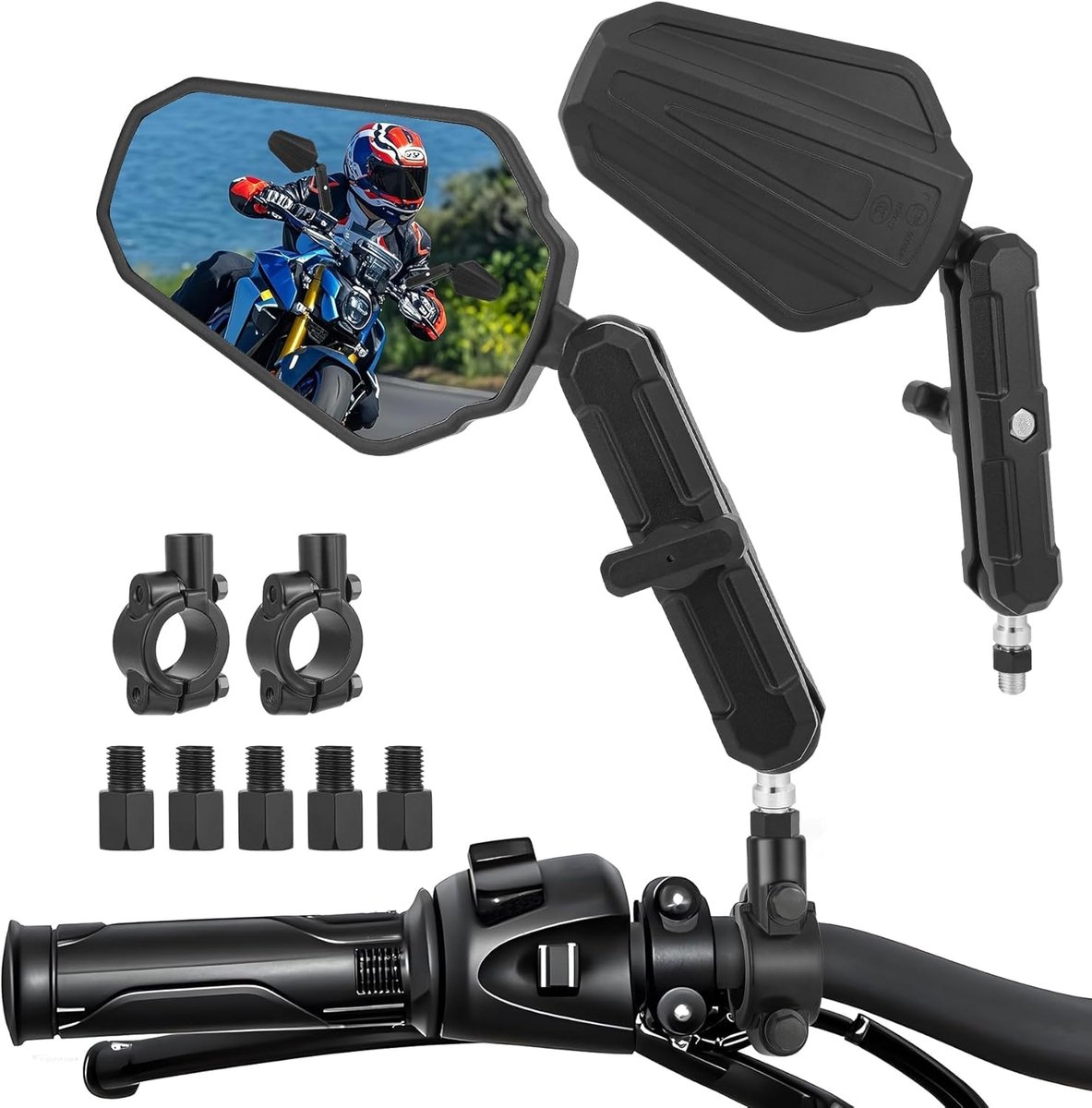 Horse Motorfiets Spiegels, Anti-Glare Achteruitkijkspiegel E24 Stuur Zijspiegels M8/M10 Schroeven & Stuurklemmen voor Dirt, Street, Scooter, Cruiser, ATV