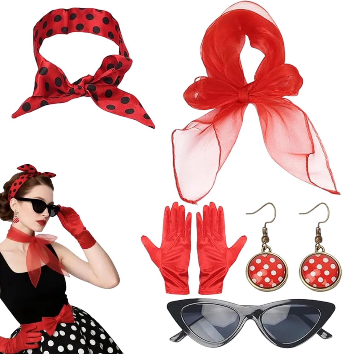 5-delige jaren '50 rockabilly kostuumaccessoireset voor dames, retro chiffon sjaal, polkadots, hoofdband, kattenoogbril voor themacarnaval, verkleedpartijen