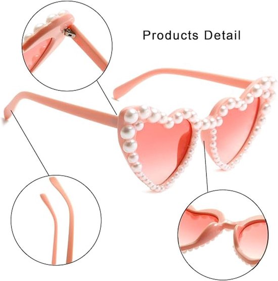 1 x hartbril voor dames, retro zonnebril, hart, montuur met parels, bril, zonnebril met hart, voor reizen voor vrouwen, zomerfeesten (roze) — afbeelding 5