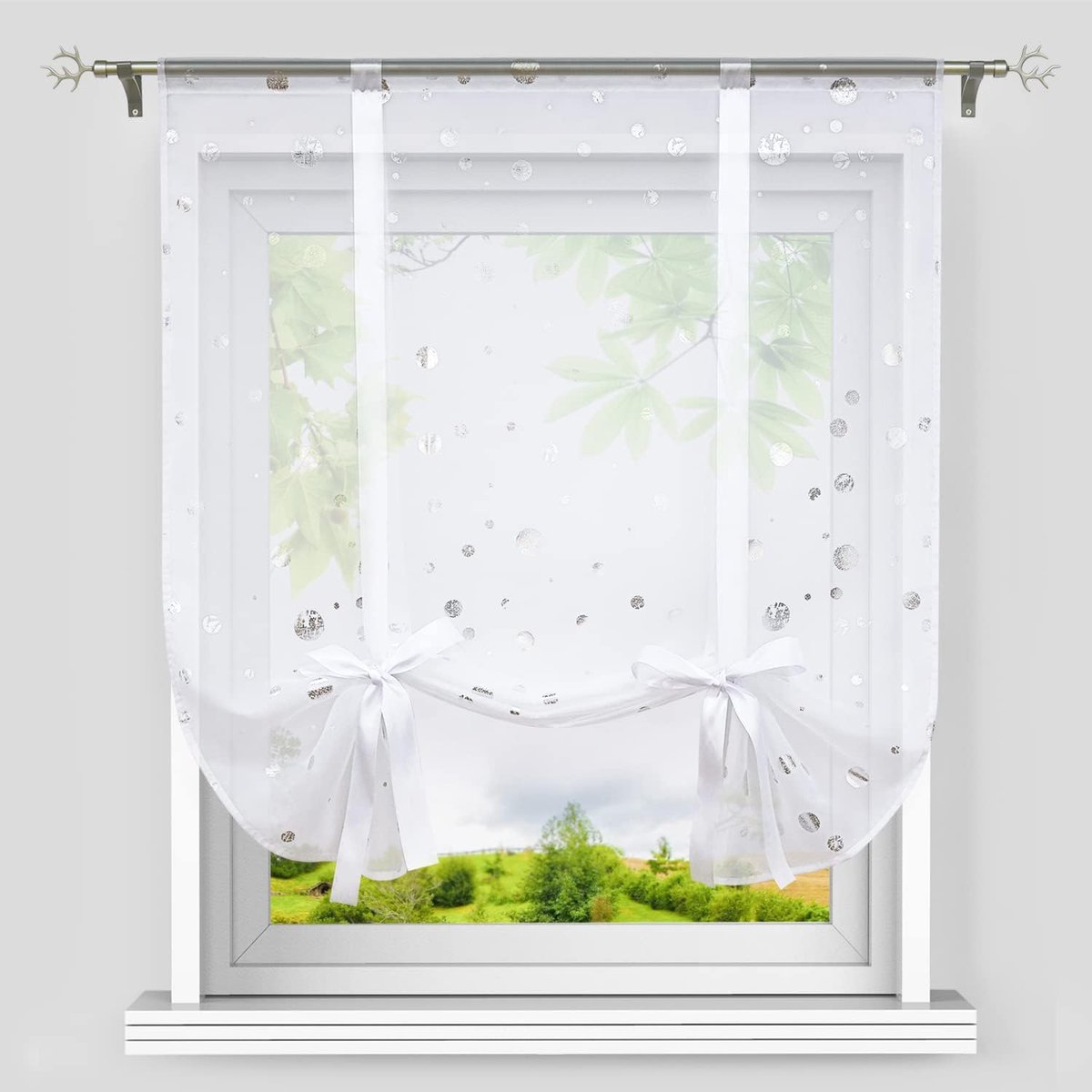 Vouwgordijn met trekkoord, voile vouwgordijn, modern, klein raam, keukengordijn, glanzend, cirkel-decoratiepatroon, zilver, BxH 100x140 cm