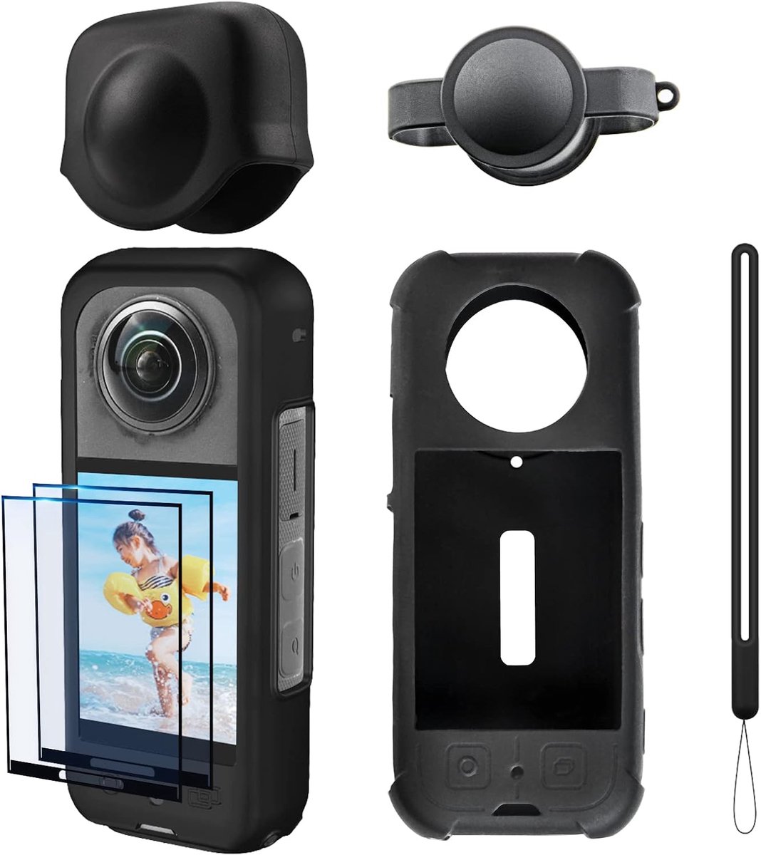 Insta 360 X3 siliconen beschermhoes met 2 lensdoppen en 2 schermbeschermfolies voor Insta360 X3-accessoires